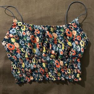 Floral Smocked spaghetti strap blue navy Crop Top